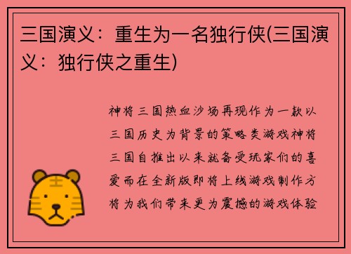 三国演义：重生为一名独行侠(三国演义：独行侠之重生)